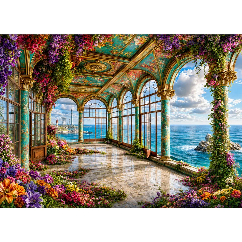 5D Diamond Painting – Blütenloggia am Azurmeer