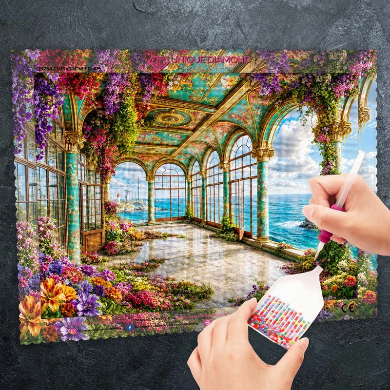 5D Diamond Painting – Blütenloggia am Azurmeer