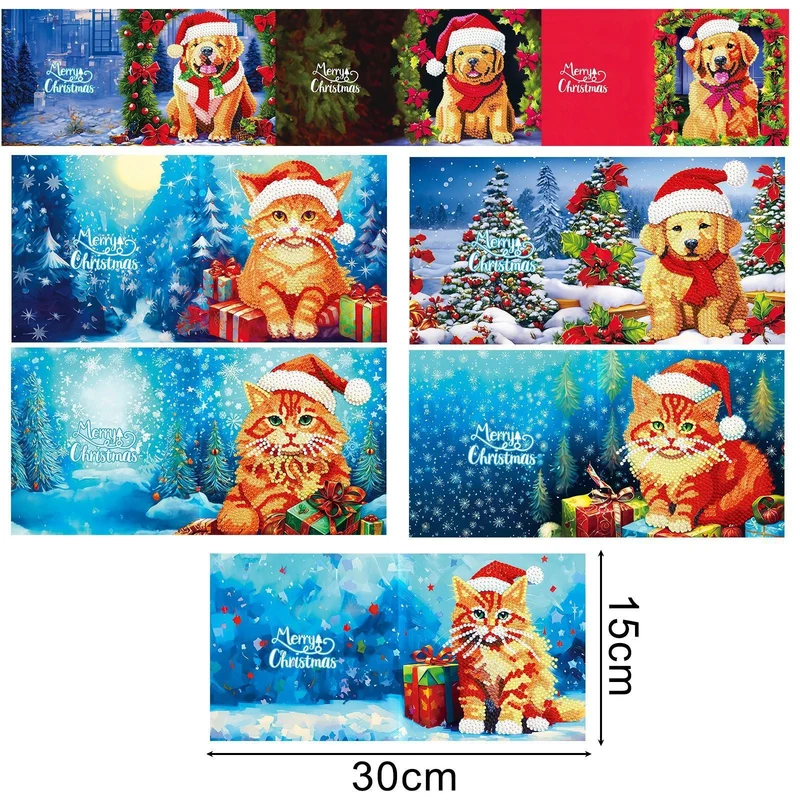 Katze & Hund Diamond Painting Weihnachtsgrußkarten (8x) – DIY Set