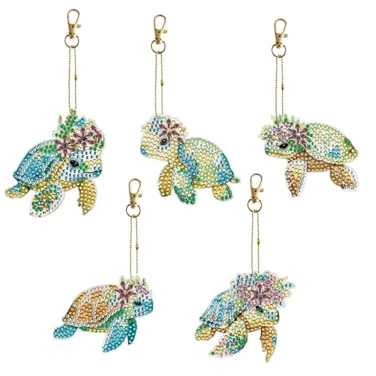 Diamond Painting Schlüsselanhänger Schildkröten mit Blume 5er Set DIY Bastelset
