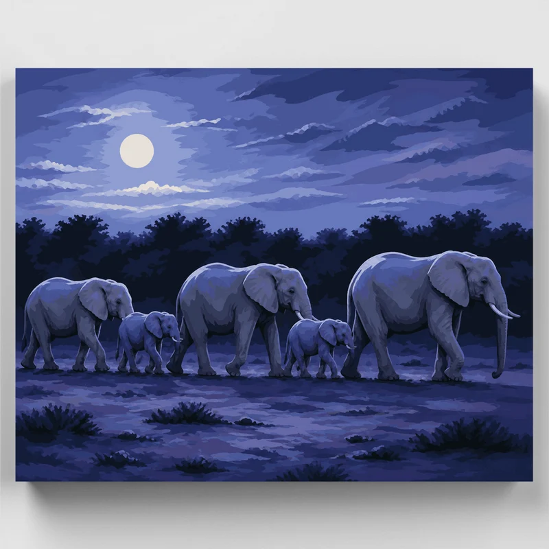 Moonlit Elephant Herd - Paint by Numbers Kit