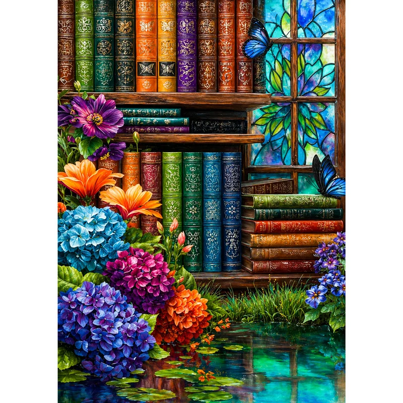 5D Diamond Painting – Magische Bibliothek der Blütenträume