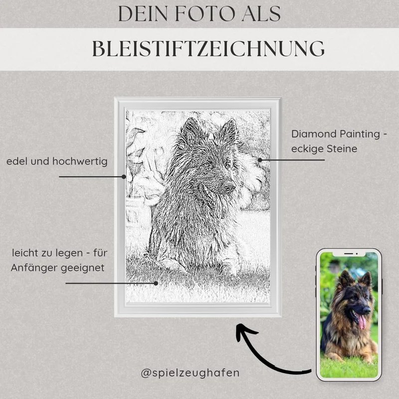 Dein Wunschmotiv - Zeichnung als Diamond Painting (eckige Steine, Schwarz/Weiß)