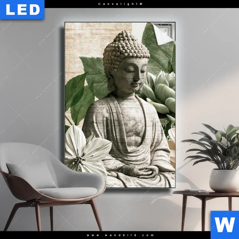 Canvalight® Leuchtbild | Buddha zwischen Lotusblüten | Hochformat