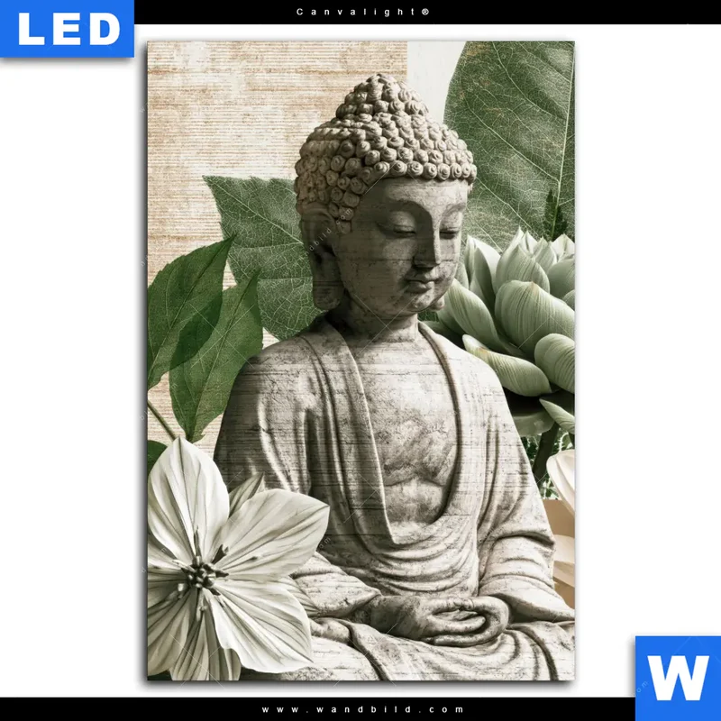 Canvalight® Leuchtbild | Buddha zwischen Lotusblüten | Hochformat