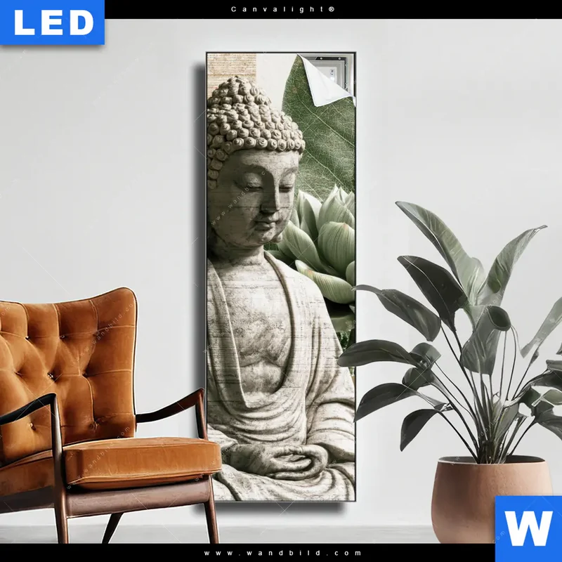 Canvalight® Leuchtbild | Buddha zwischen Lotusblüten | Schmal