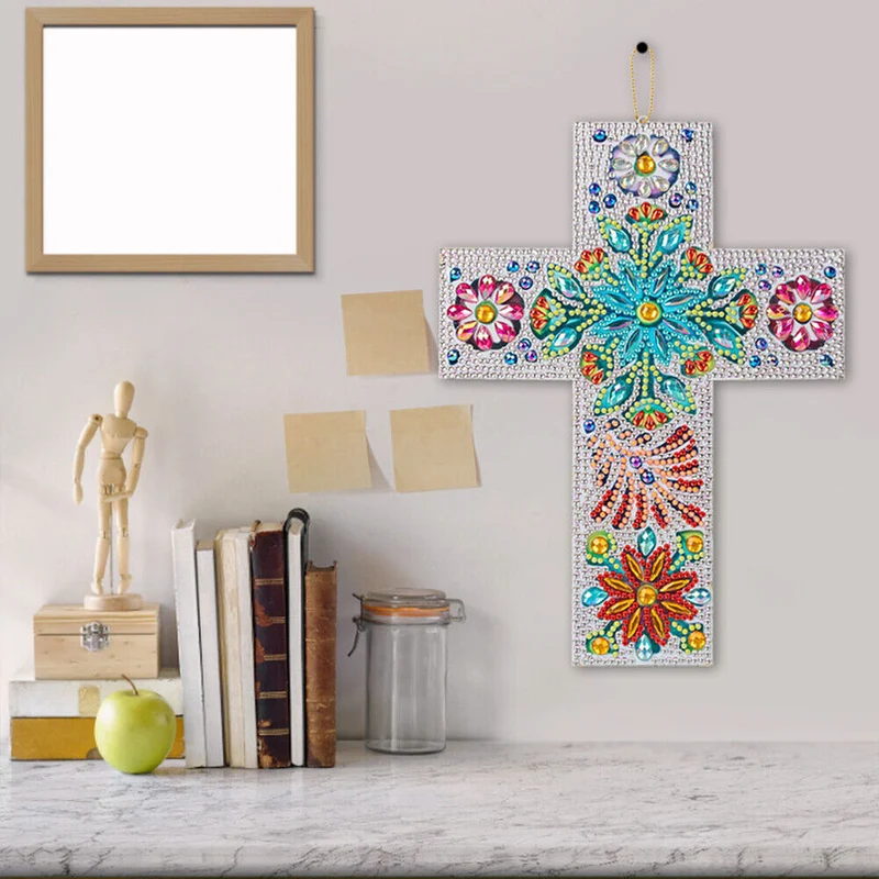 5D Diamond Painting Dekoanhänger Kreuz mit Blumen
