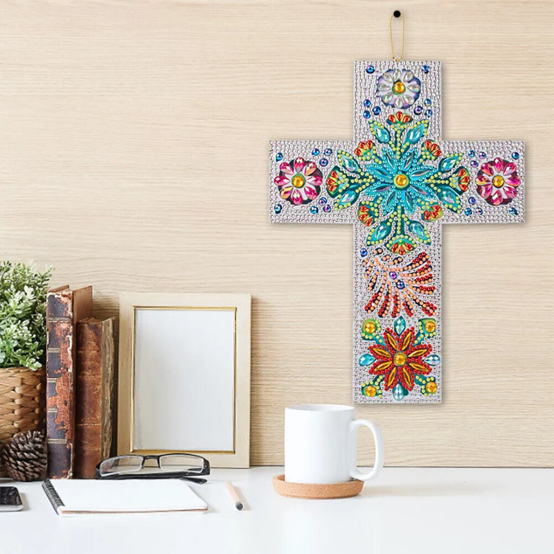 5D Diamond Painting Dekoanhänger Kreuz mit Blumen