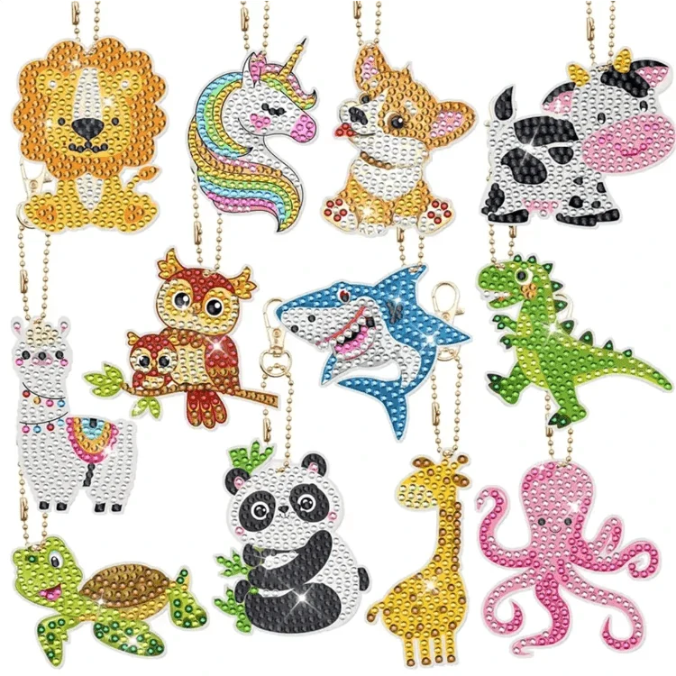 Diamond Painting Schlüsselanhänger Tiere 12er Set DIY Bastelset
