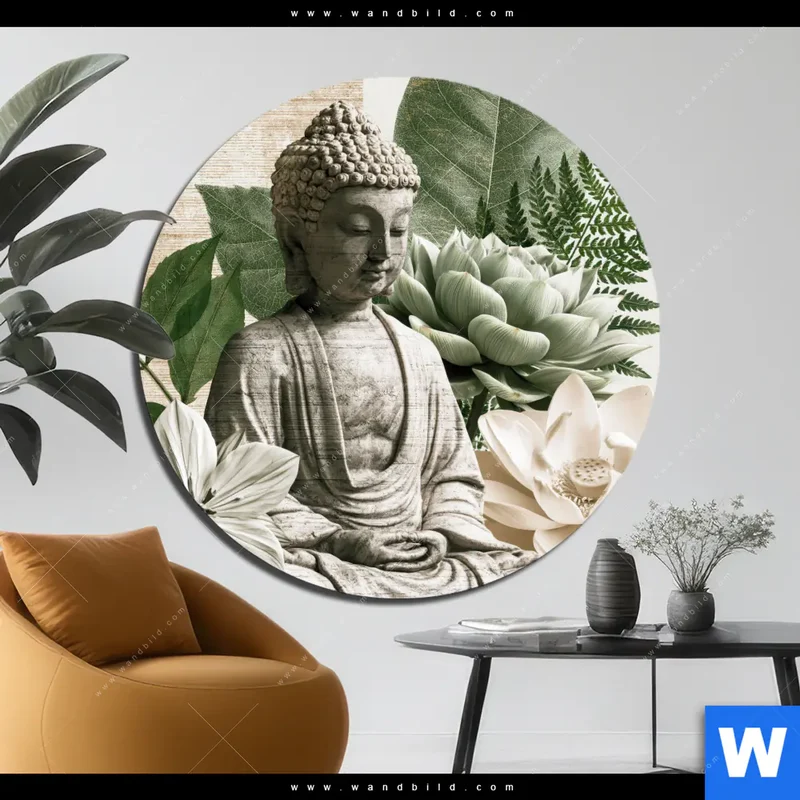 Aluminiumbild gebürstet | Buddha zwischen Lotusblüten | Rund