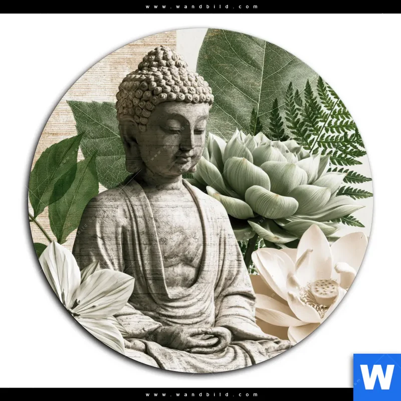Aluminiumbild gebürstet | Buddha zwischen Lotusblüten | Rund