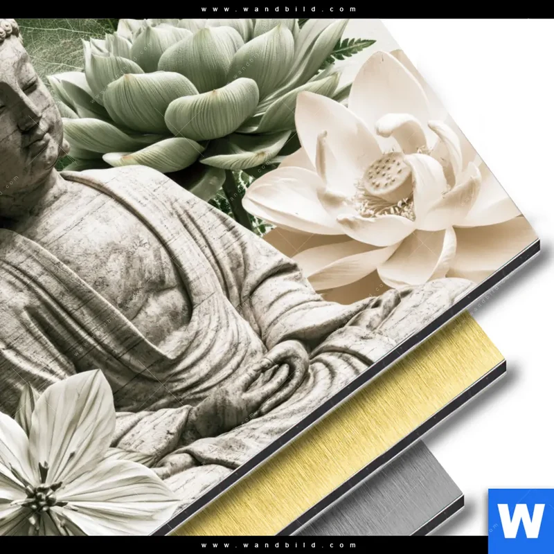 Aluminiumbild gebürstet | Buddha zwischen Lotusblüten | Rund