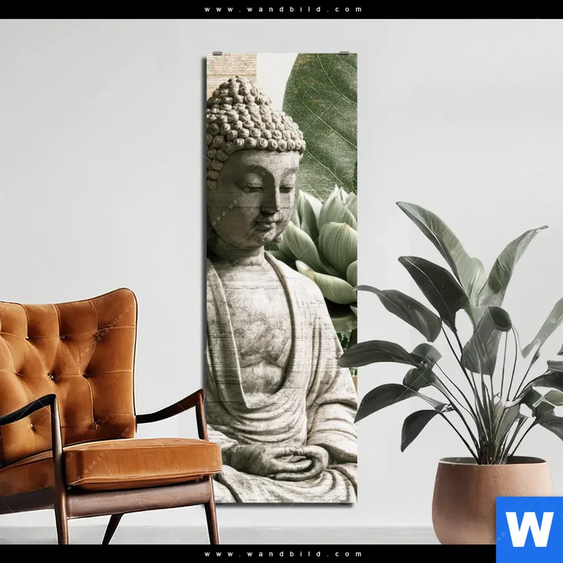 Aluminiumbild gebürstet | Buddha zwischen Lotusblüten | Schmal