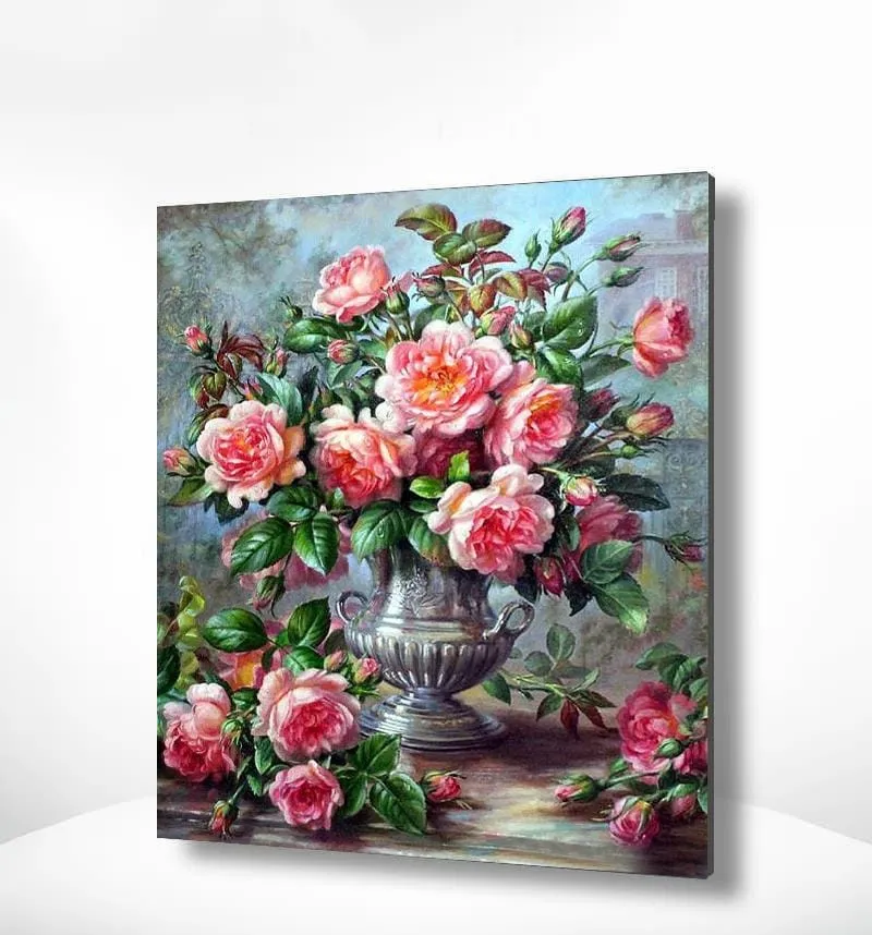 Malen nach Zahlen Rosa Blumen mit Silber Vase