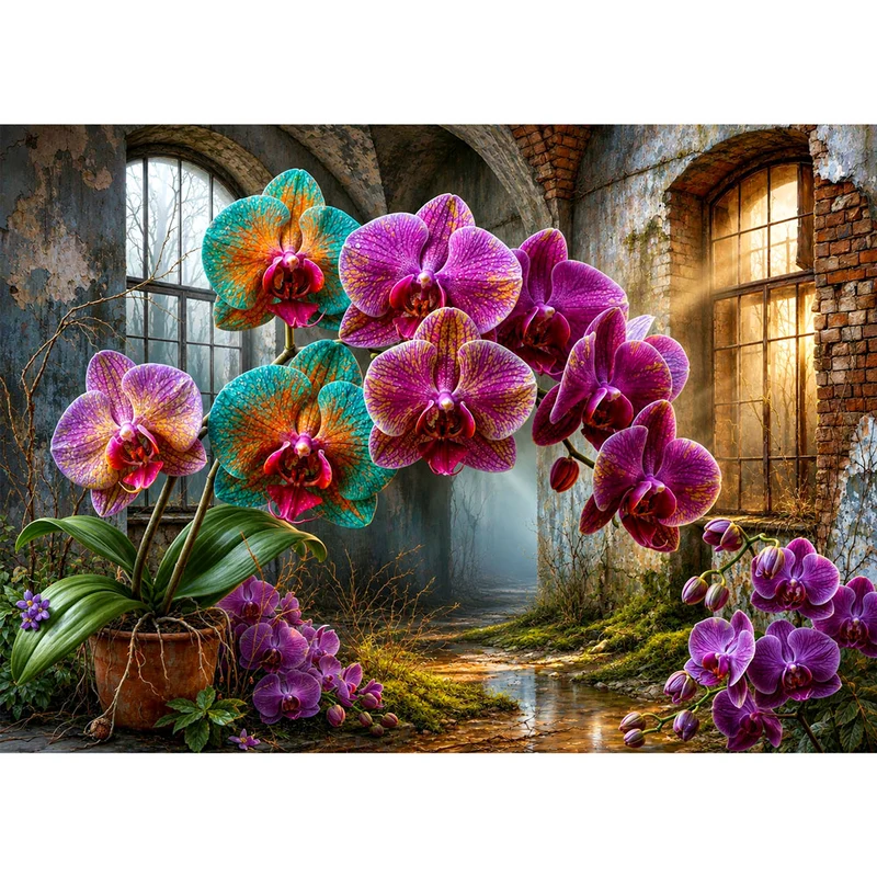 5D Diamond Painting – Orchideen im Echo der Ruinen