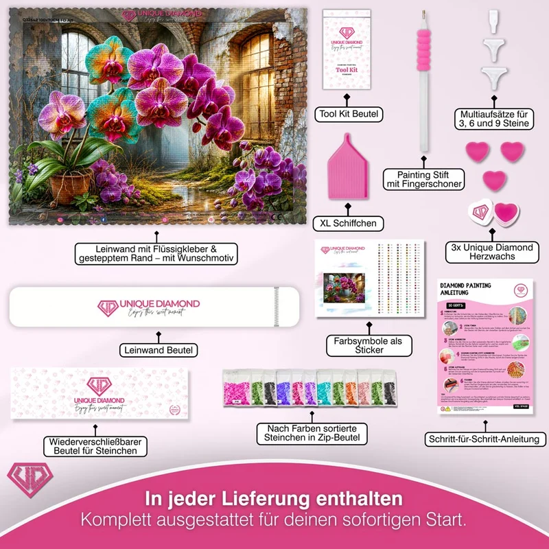 5D Diamond Painting – Orchideen im Echo der Ruinen