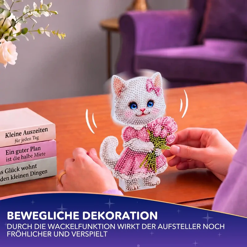 Diamond Painting - Aufsteller Wackelkatze mit Blumenstrauß