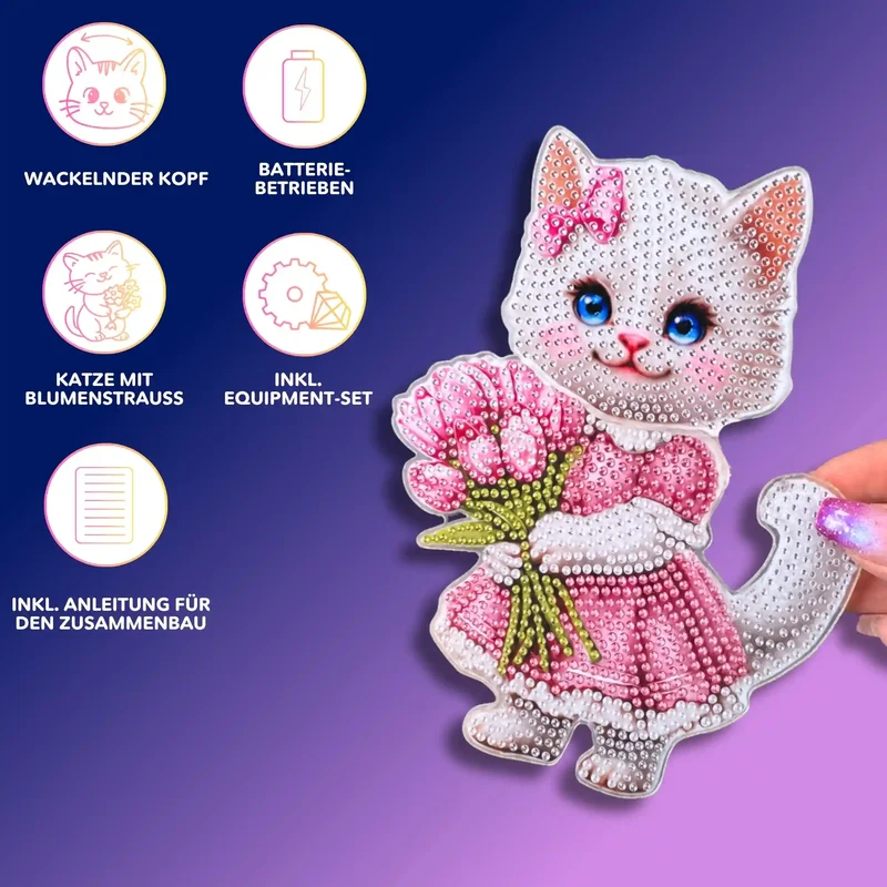 Diamond Painting - Aufsteller Wackelkatze mit Blumenstrauß