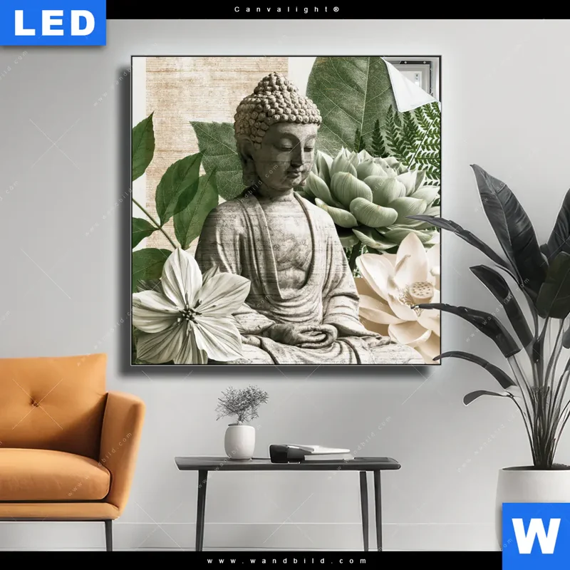 Canvalight® Leuchtbild | Buddha zwischen Lotusblüten | Quadrat