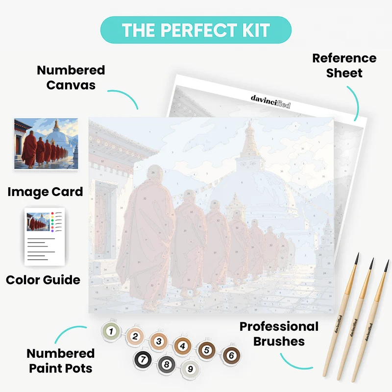 Monks at Dawn Stupa - Paint by Numbers Kit
