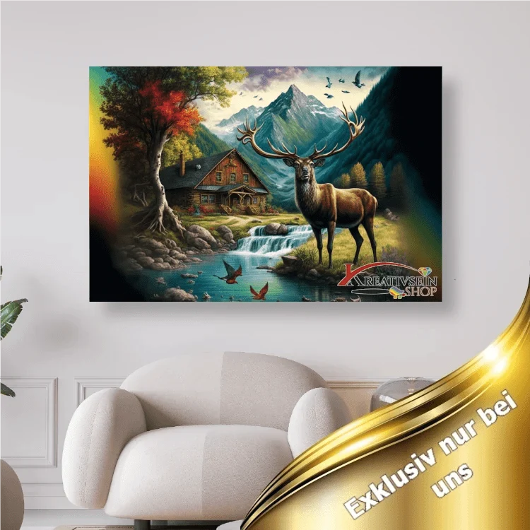 Hirsch mit Forsthaus - 5D DIY Diamond Painting
