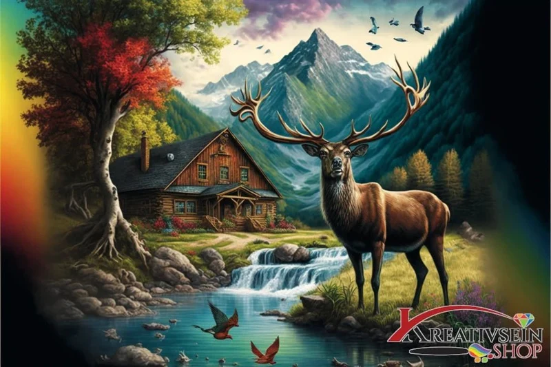 Hirsch mit Forsthaus - 5D DIY Diamond Painting