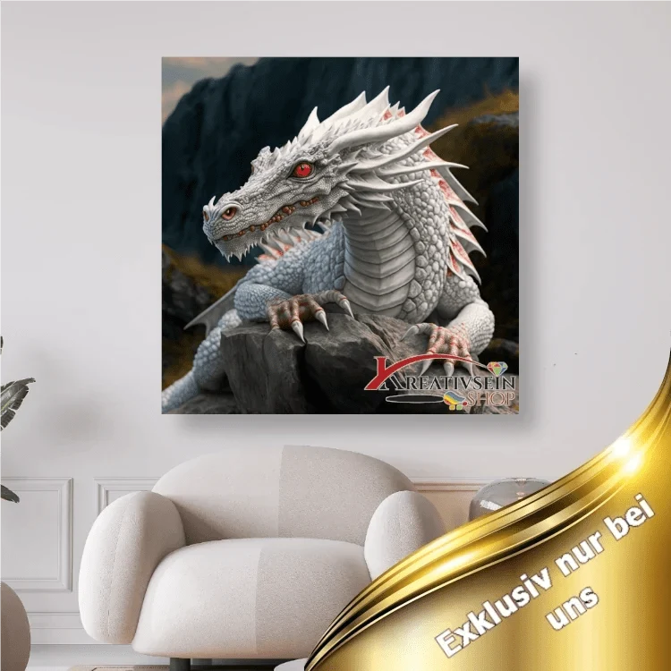 Weisser Drachen auf Felsen - 5D DIY Diamond Painting