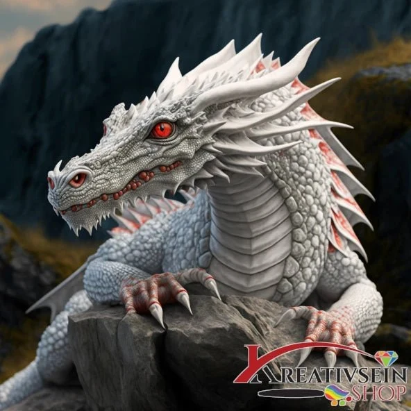 Weisser Drachen auf Felsen - 5D DIY Diamond Painting