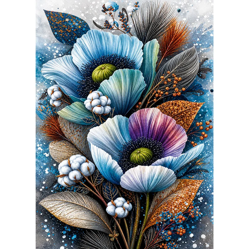 5D Diamond Painting – Eisblaue Blütenpoesie