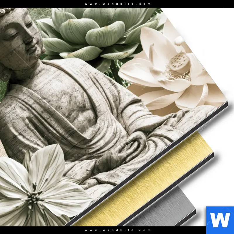 Aluminiumbild gebürstet | Buddha zwischen Lotusblüten | Quadrat