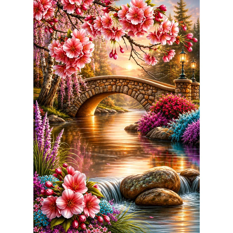 5D Diamond Painting – Sakura-Brücke am Blütenfluss