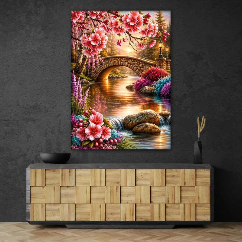 5D Diamond Painting – Sakura-Brücke am Blütenfluss
