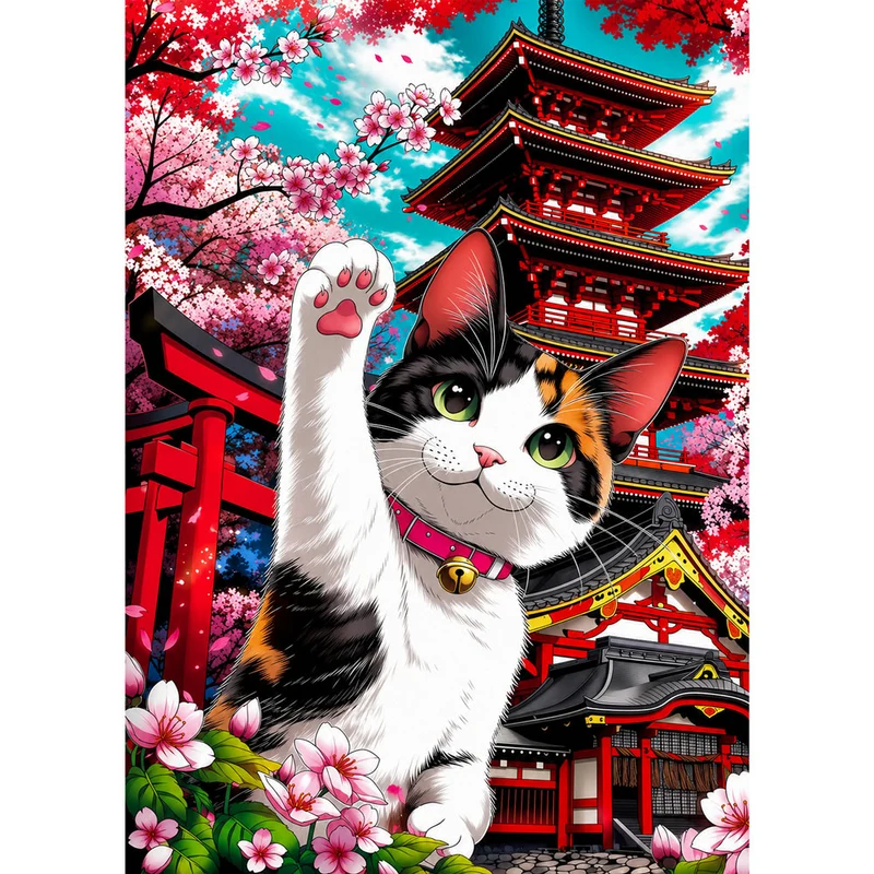 5D Diamond Painting – Glückskatze vor Sakura-Tempel