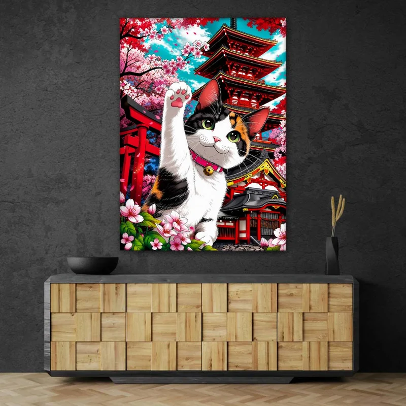 5D Diamond Painting – Glückskatze vor Sakura-Tempel