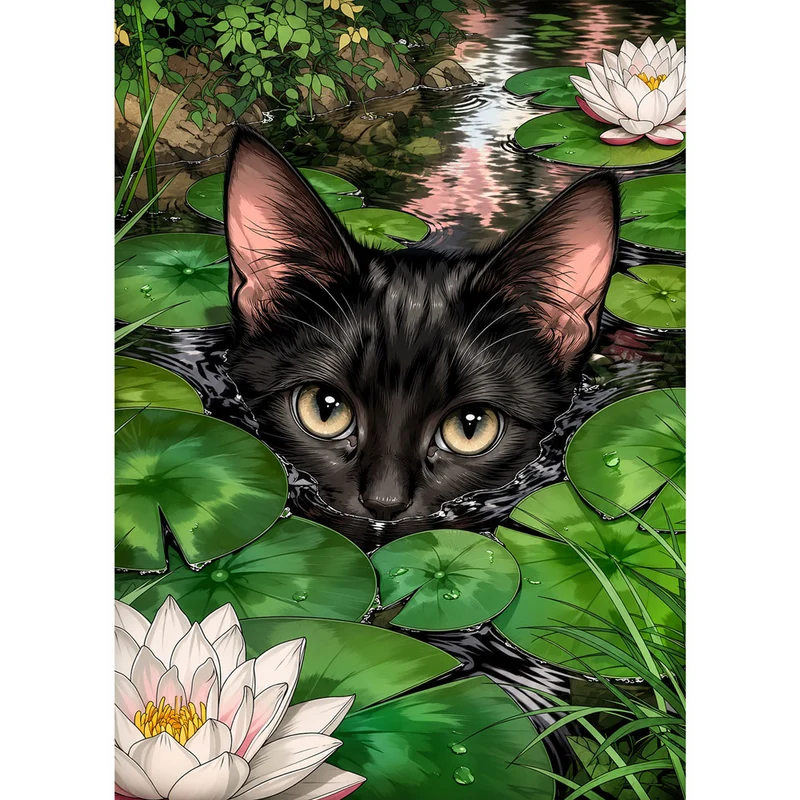 5D Diamond Painting – Schwarze Katze im Seerosenteich