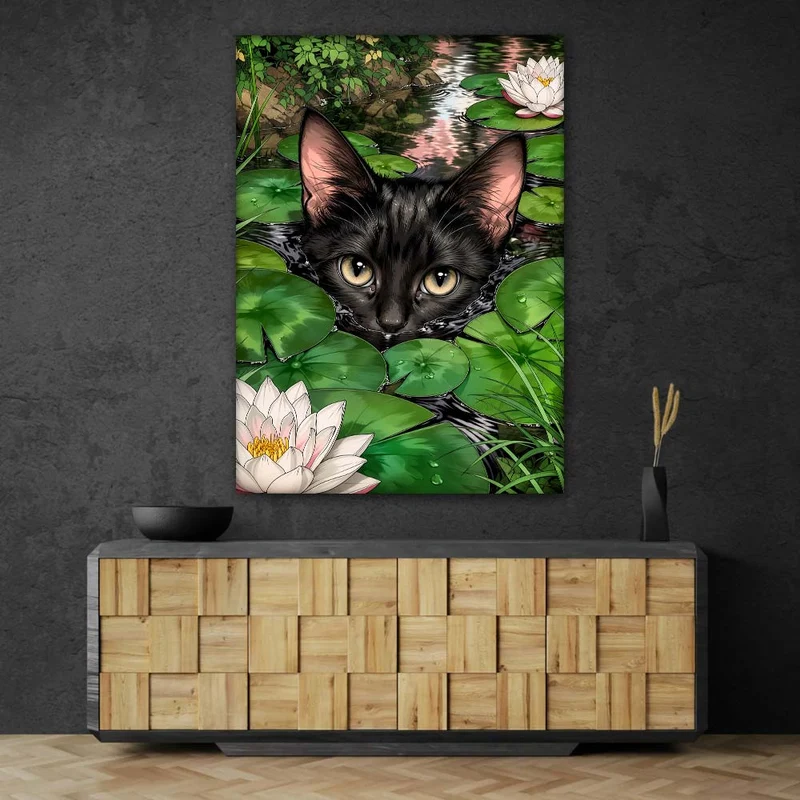 5D Diamond Painting – Schwarze Katze im Seerosenteich