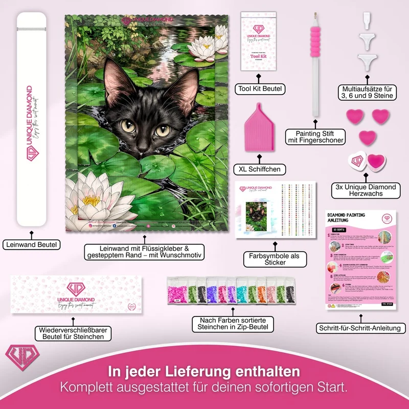 5D Diamond Painting – Schwarze Katze im Seerosenteich