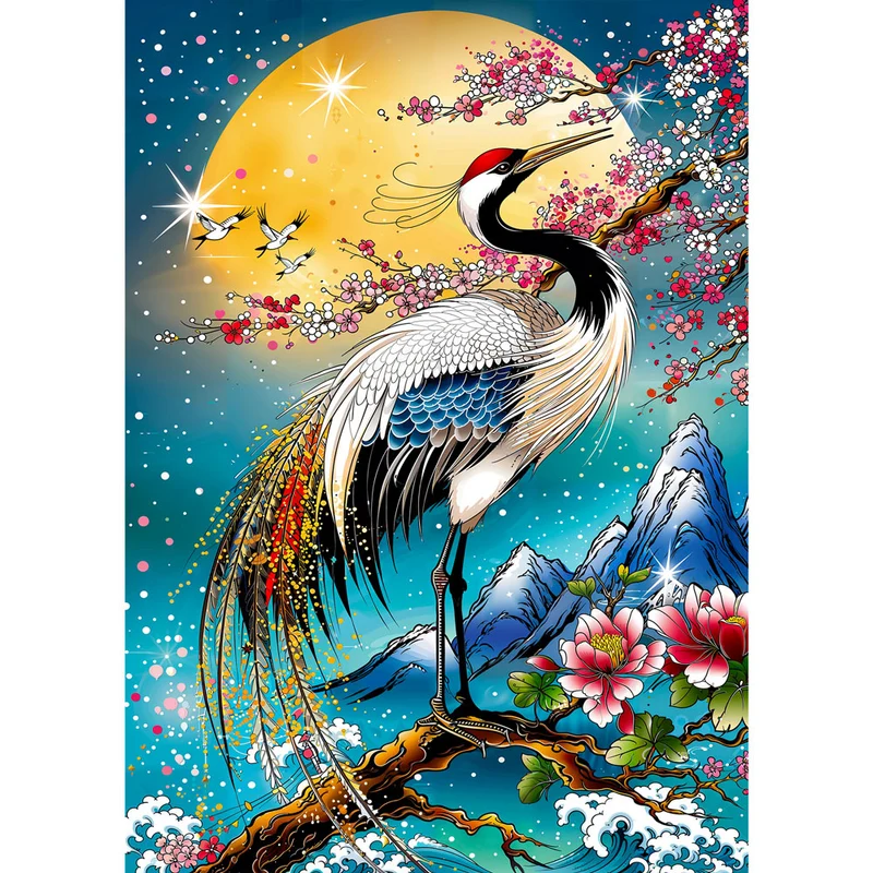 5D Diamond Painting – Mondkranich der Blütenberge