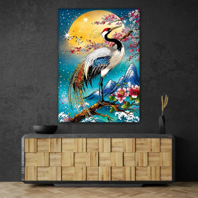 5D Diamond Painting – Mondkranich der Blütenberge