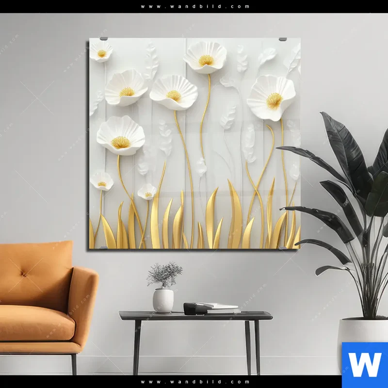 Acrylglasbild | Florale Leichtigkeit mit Goldglanz | Quadrat