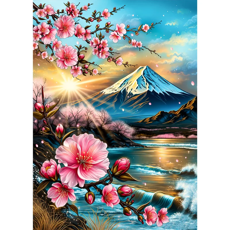 5D Diamond Painting – Kirschblütenzauber am Bergsee