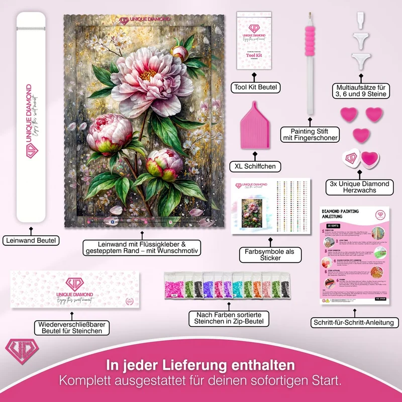 5D Diamond Painting – Edle Pfingstrose in zarter Blütenpracht