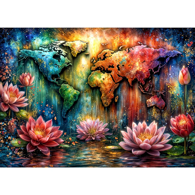 5D Diamond Painting – Leuchtende Weltkarte im Lotuszauber
