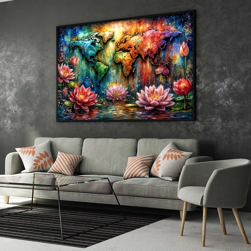 5D Diamond Painting – Leuchtende Weltkarte im Lotuszauber