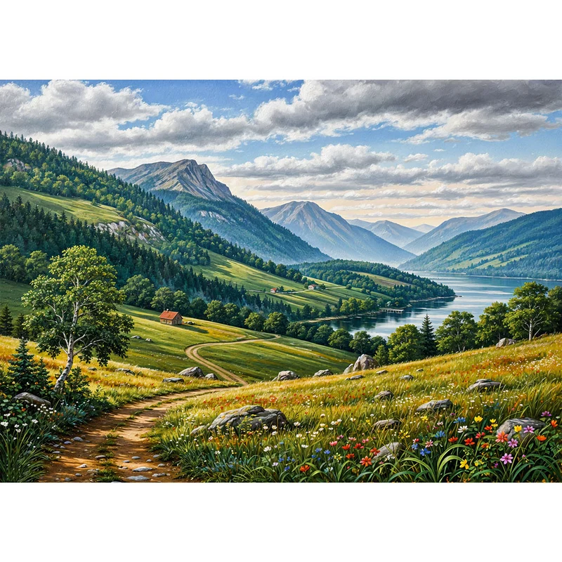 5D Diamond Painting – Sonnental mit Bergpanorama und Flusslauf