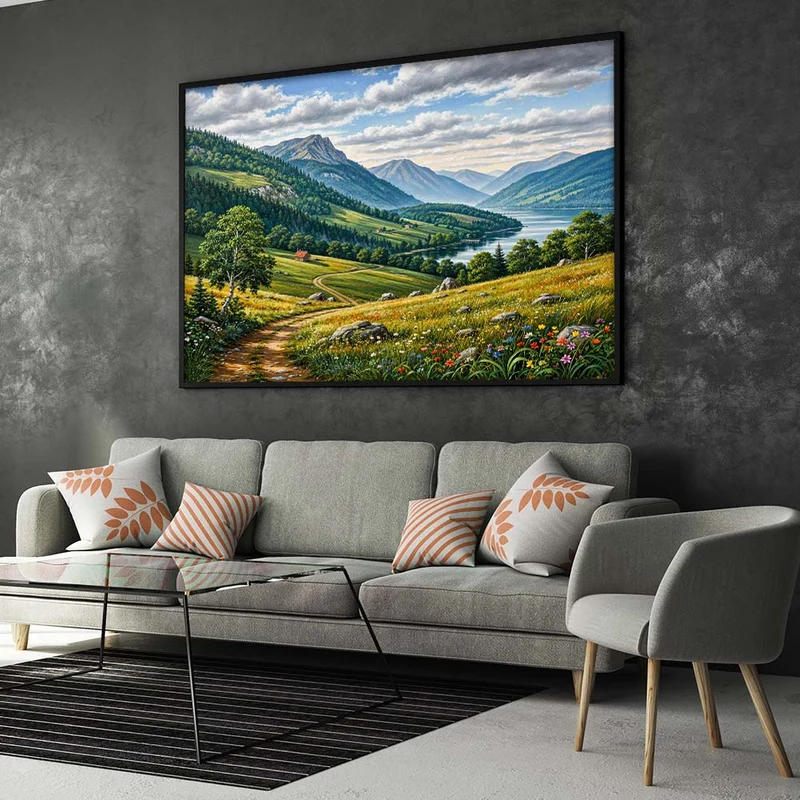 5D Diamond Painting – Sonnental mit Bergpanorama und Flusslauf