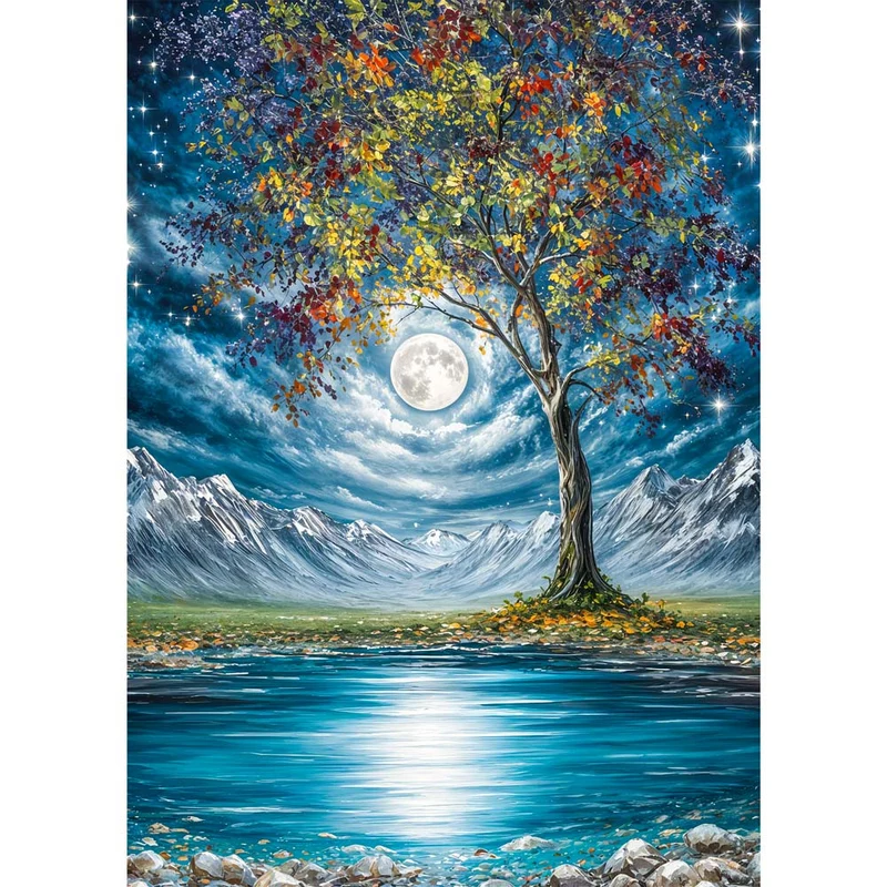 5D Diamond Painting – Mondlichtbaum am stillen Bergsee
