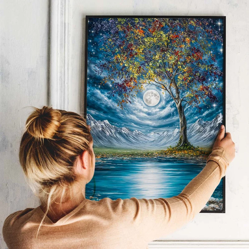 5D Diamond Painting – Mondlichtbaum am stillen Bergsee