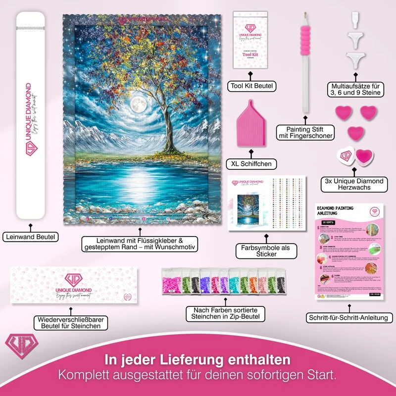 5D Diamond Painting – Mondlichtbaum am stillen Bergsee