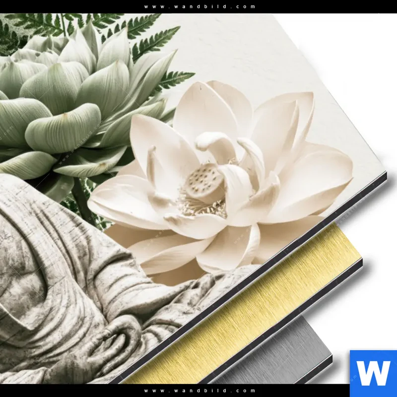 Aluminiumbild gebürstet | Buddha zwischen Lotusblüten | Querformat